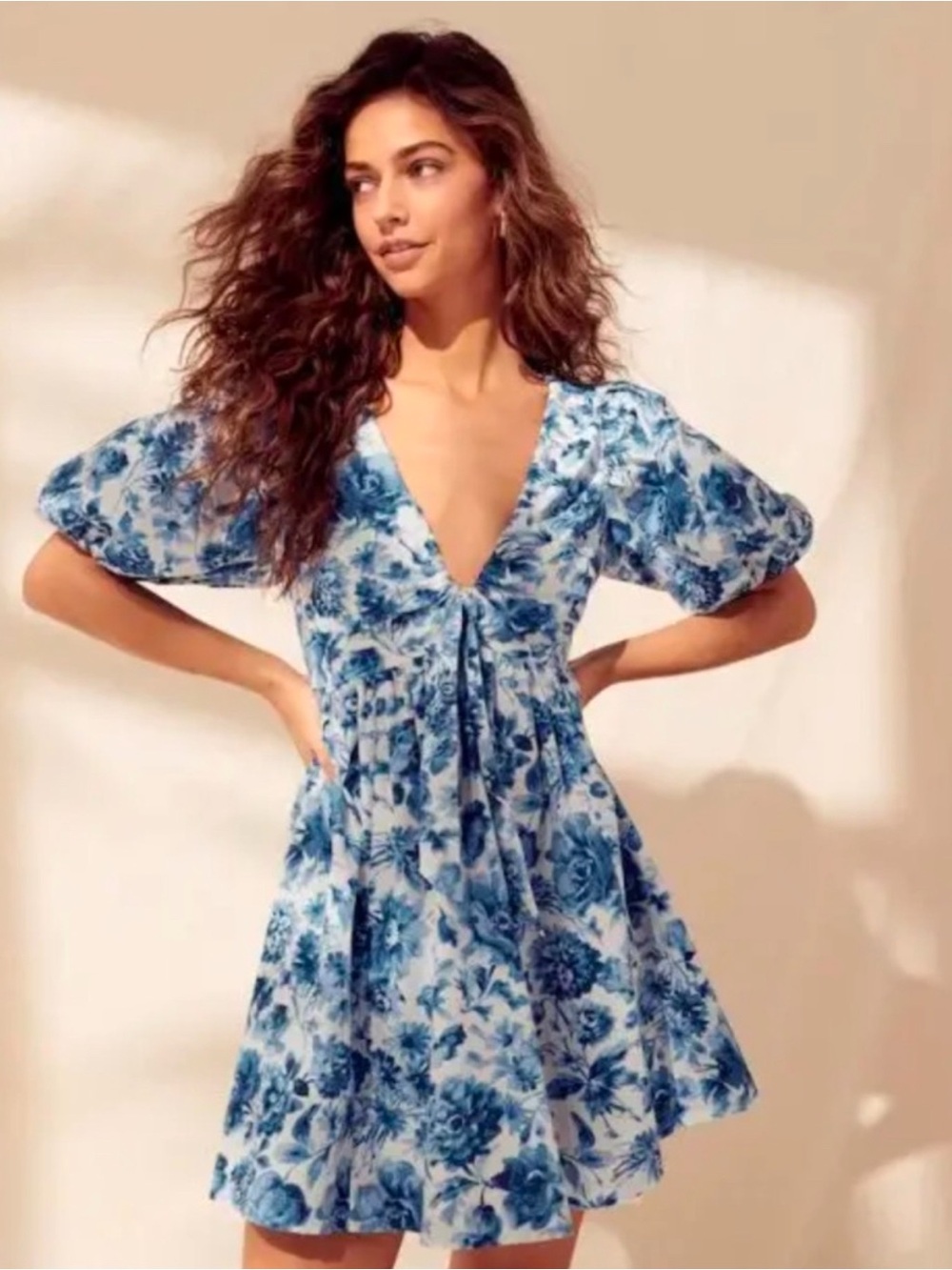 Abercrombie & Fitch Blue Floral V-Neck Tie-Front Mini Dress